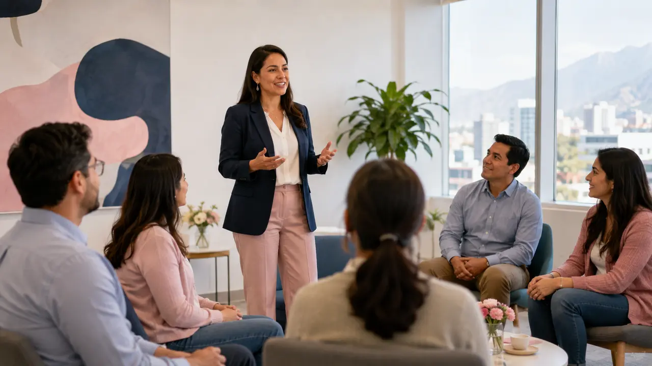 Psicóloga facilitando un taller de salud mental corporativa